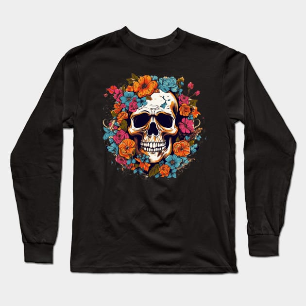 Skull Flower Guitar Fusion Long Sleeve T-Shirt by TOKEBI